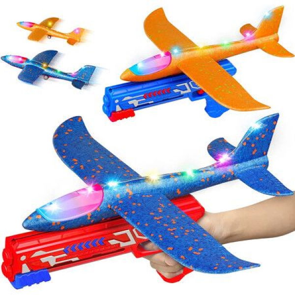 2 Pack Throwing Airplane Toys With LED Light Foam Throwing Catapult Plane Kids Outdoor Flying Games