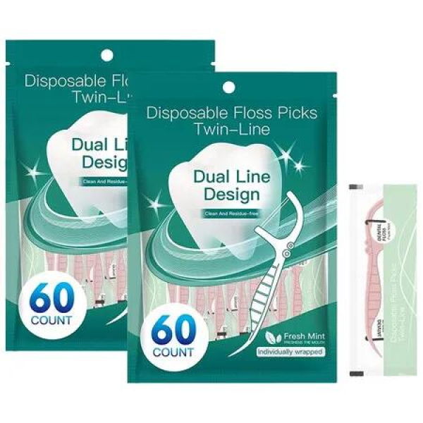 2 Packs Dental Floss Picks, 120 Count Individually Wrapped Flosserï¼ŒTwin Line Mint Flavoredï¼Œ Dual Action Cleaning Teeth Tool Kit, for Men Women