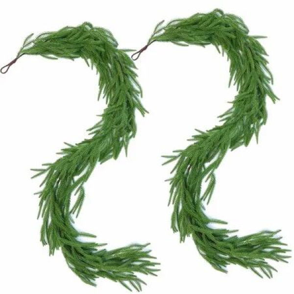 2 Pcs Artificial Norfolk Pine Garlands,Real Touch Winter Pine Garland, Green Artificial Greenery Garland for Table,Mantle,Wall,Indoor,Outdoor Christmas Decorations (1.8M/6 FT)