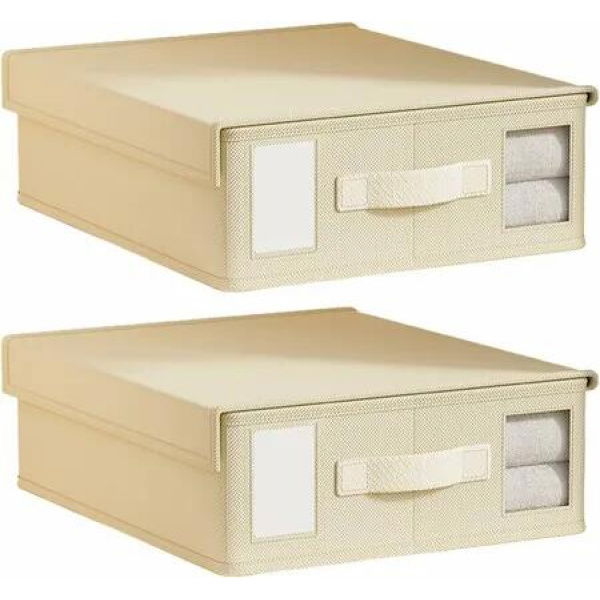 2 PCS Beige Bed Sheet Organizer and Storage with Visible Window And Handle for All Sheet Sizes Foldable Blankets Storage Case