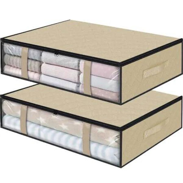 2 PCS Beige Bins Clothes Foldable Blanket Bags Under Bed Space-Saving Durable Stackable Easy Access Compact Organizer Containers