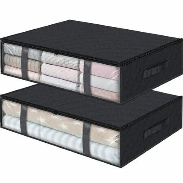 2 PCS Black Bins Clothes Foldable Blanket Bags Under Bed Space-Saving Durable Stackable Easy Access Compact Organizer Containers