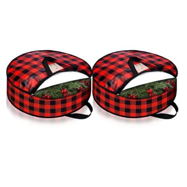 2 Pcs Christmas Wreath Storage Bag 30 Inch Large Buffalo Plaid Garland Wreaths Container for Storing Garland Wreath Wrapping, Red