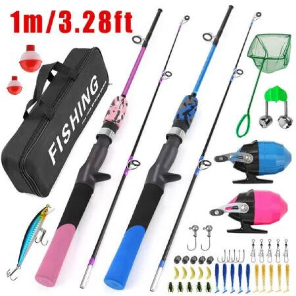 2 Pcs Fishing Pole Set with Full Starter Kits Portable Telescopic Fishing Rod and Spincast Reel with a Fishing Net for Boys Girls and Youth