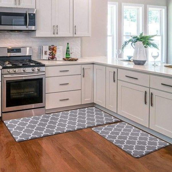 2 PCS Flannel Kitchen Mat Cushioned Anti-Fatigue Kitchen Rug Col Grey