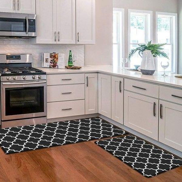 2 PCS Flannel Kitchen Mat Cushioned Anti-Fatigue Kitchen RugWater Absorption Non-Slip Col Black