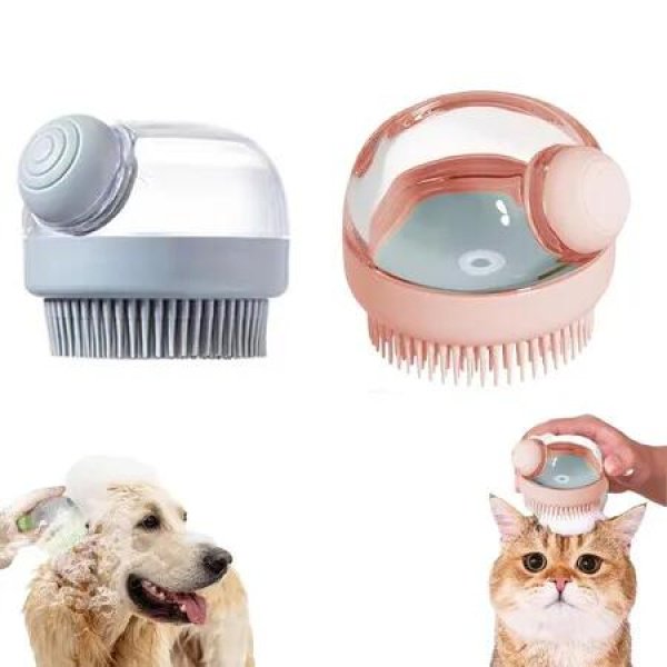 2 PCS Gry And Pink Pet Dog Grooming Massage Shampoo Bath Brush with Soap and Shampoo Dispenser Soft Silicone Bristle for Long Short Haired Shower