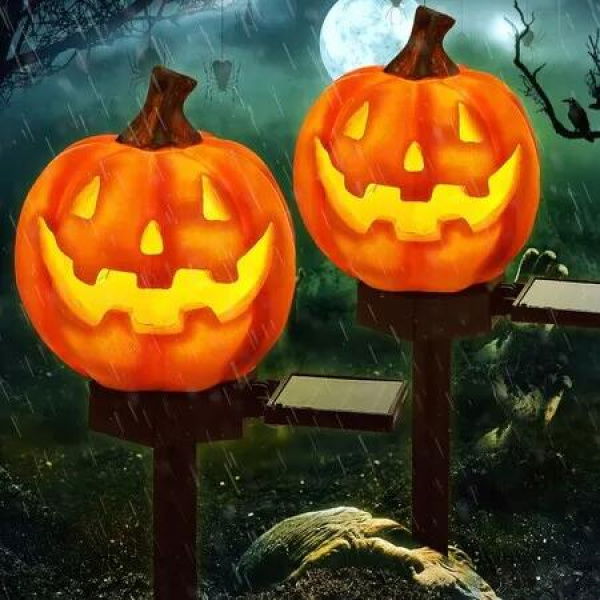 2 Pcs Halloween Solar Pumpkin Lights, Outdoor Garden Pumpkin Stake Lamps for Garden Yard Lawn Decor