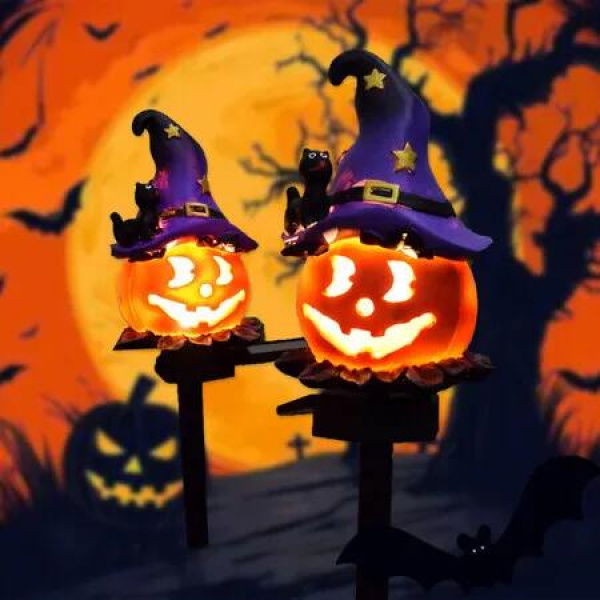 2 Pcs Halloween Solar Pumpkin Lights,Witch Hat Garden Ghost Pumpkin Stake Lamps for Garden Yard Lawn Decor