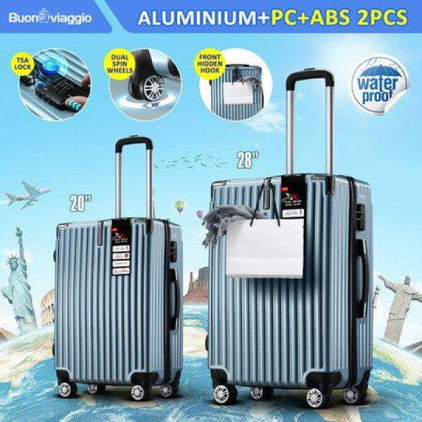 2 PCS Luggage Set Suitcases Carry On Spinner Traveller Bags Cabin Hard Shell Case Trolley Lightweight Travel Storage Rolling TSA Lock Ice Blue