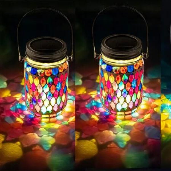 2 Pcs Mosaic Solar Lanterns Outdoor Waterproof Jar Lights Solar Powered, Hand Paste 141 Crystal Mosaics Table Hanging Garden Backyard Decor Lamps, Red