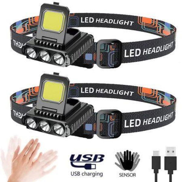 2 Pcs Portable Mini LED Headlamp Rechargeable Motion Sensor Headlight for Outdoor Camping Fishing