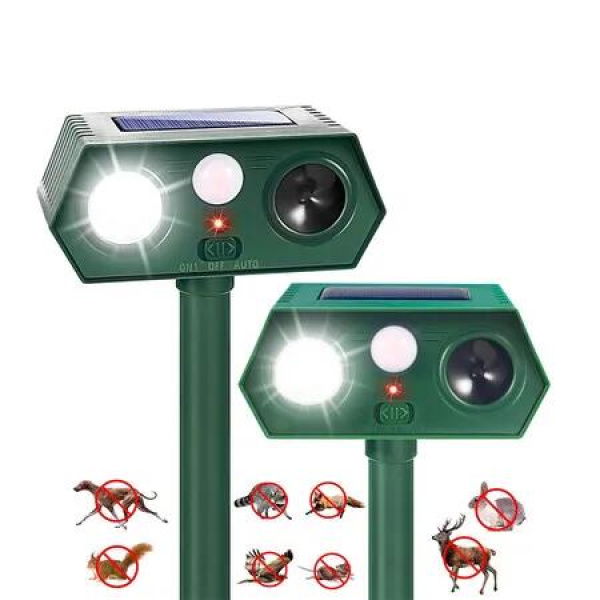 2 Pcs Solar Ultrasonic Animal Repellent Outdoor Cat Solar Animal Repeller with Motion Sensor and LED Flashlight Deer Repellent Devices for Yard