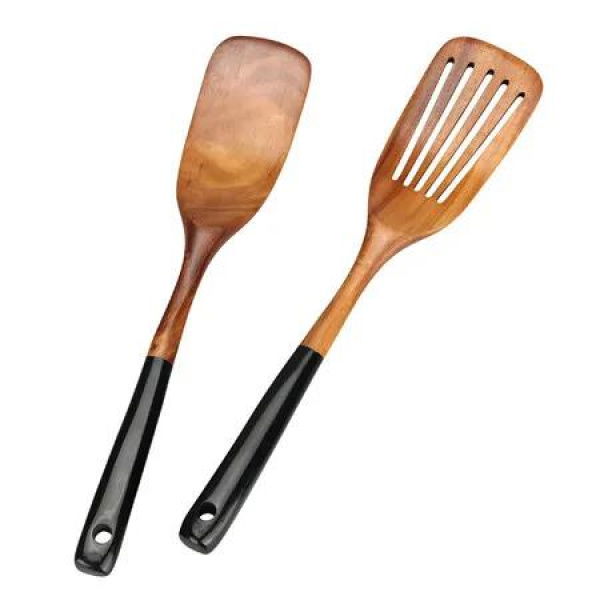 2 Pcs Wooden Spatula Set for Cooking Non Toxic Teak Kitchen Utensils Slotted Pancake Turner Flat Wood Wok Spatulas for Cooking Utensil Set
