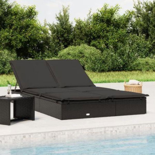 2-Person Sunbed With Cushions Black Poly Rattan