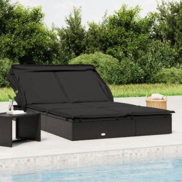 2-Person Sunbed With Foldable Roof Black 213x118x97 Cm Poly Rattan