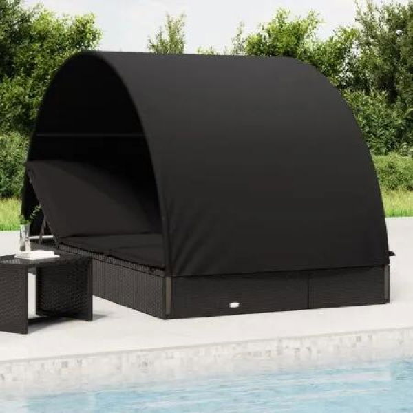 2-Person Sunbed with Round Roof Black 211x112x140 cm Poly Rattan