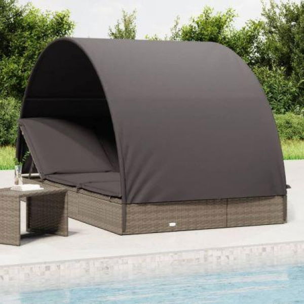 2-Person Sunbed With Round Roof Grey 211x112x140 Cm Poly Rattan