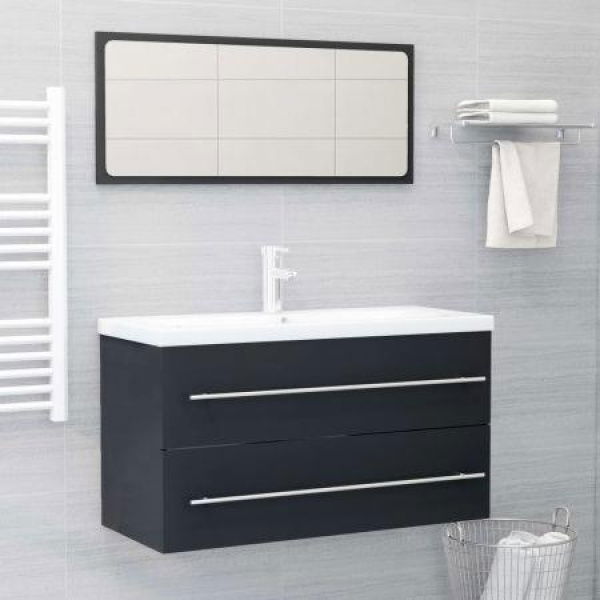 2 Piece Bathroom Furniture Set Grey Engineered Wood