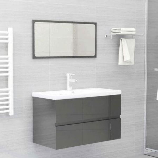 2 Piece Bathroom Furniture Set High Gloss Grey Chipboard