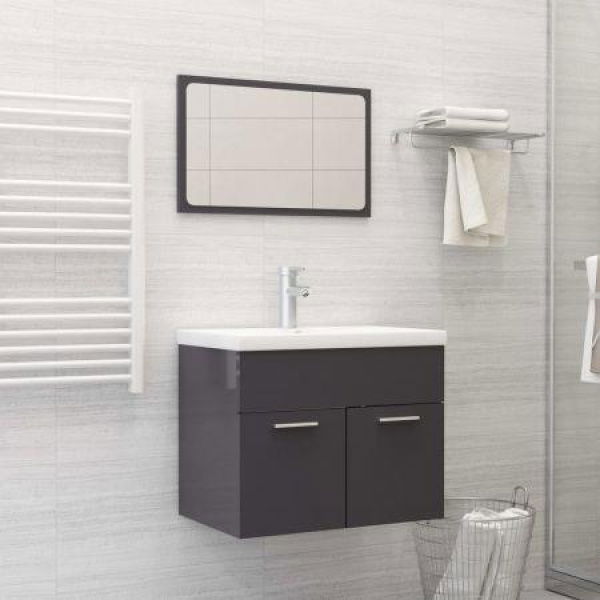 2 Piece Bathroom Furniture Set High Gloss Grey Chipboard