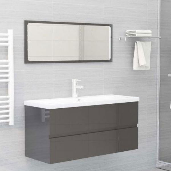 2 Piece Bathroom Furniture Set High Gloss Grey Chipboard