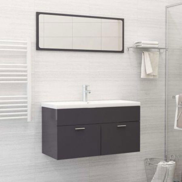 2 Piece Bathroom Furniture Set High Gloss Grey Chipboard