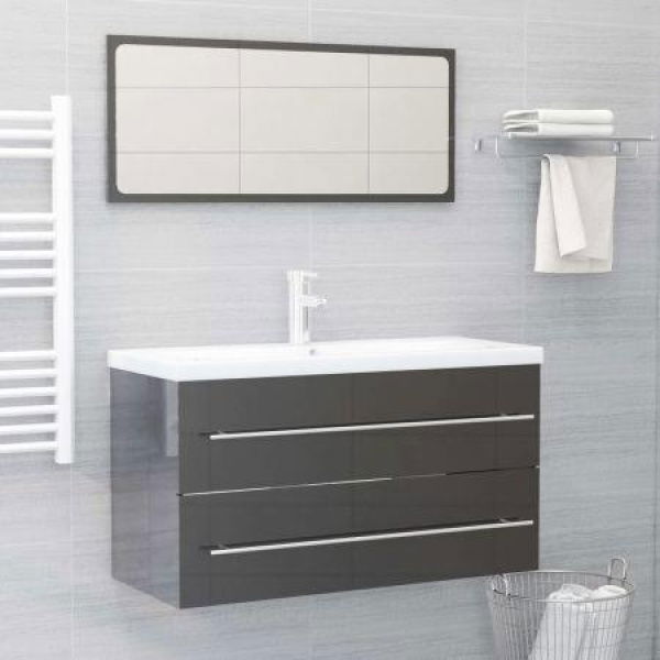 2 Piece Bathroom Furniture Set High Gloss Grey Engineered Wood