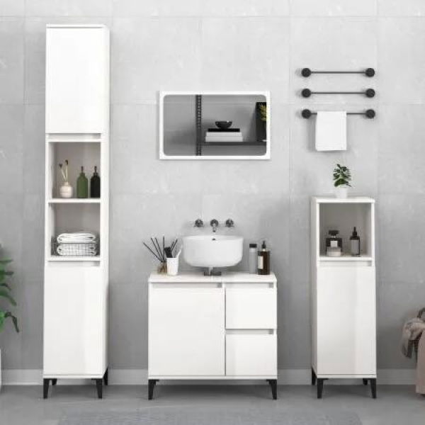 2 Piece Bathroom Furniture Set High Gloss White Engineered Wood