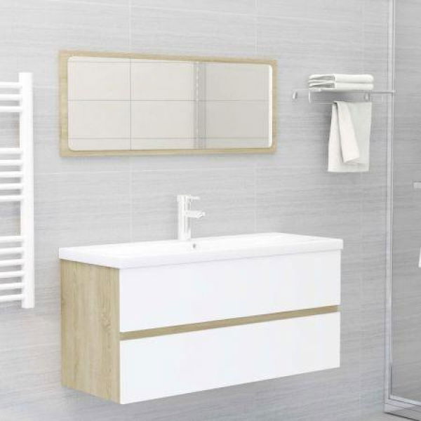 2 Piece Bathroom Furniture Set White And Sonoma Oak Chipboard