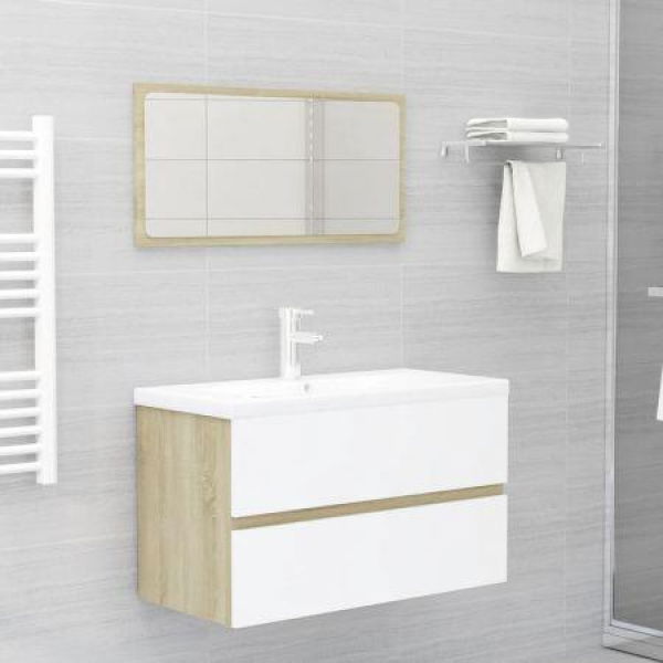 2 Piece Bathroom Furniture Set White And Sonoma Oak Chipboard