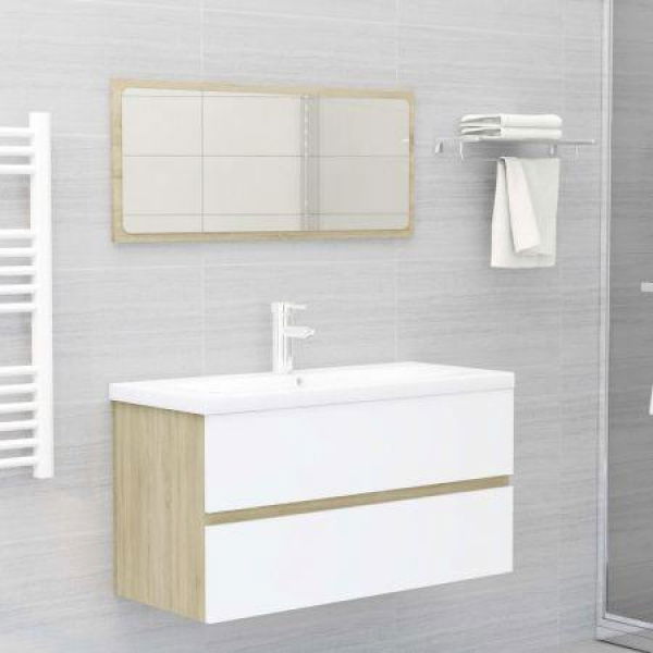 2 Piece Bathroom Furniture Set White And Sonoma Oak Chipboard