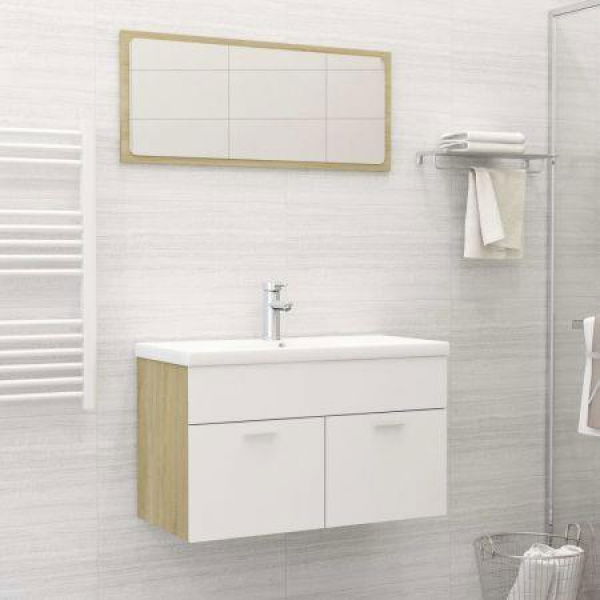 2 Piece Bathroom Furniture Set White And Sonoma Oak Chipboard