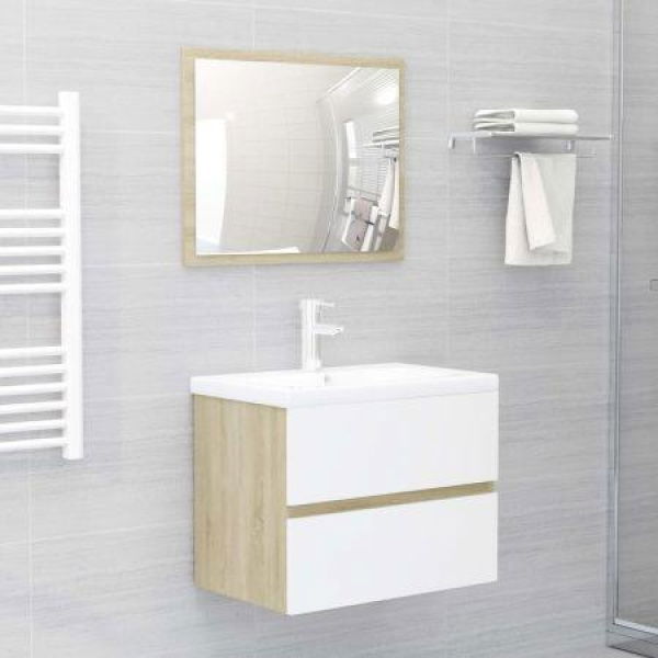 2 Piece Bathroom Furniture Set White And Sonoma Oak Chipboard