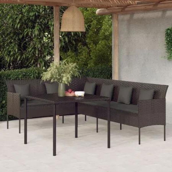 2 Piece Garden Dining Set with Cushions Black Poly Rattan