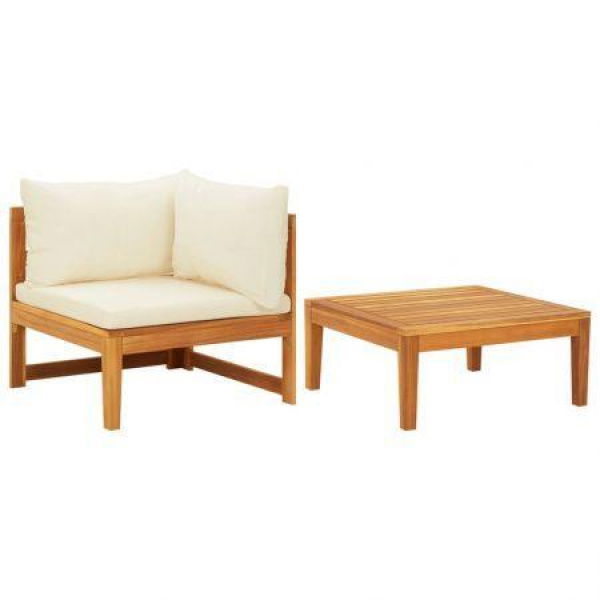 2 Piece Garden Lounge Set With Cream White Cushions Acacia Wood