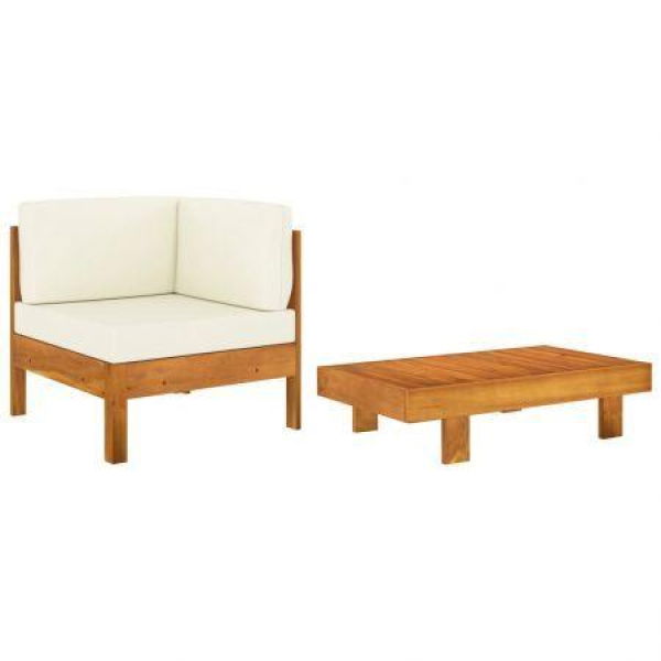 2 Piece Garden Lounge Set With Cream White Cushions Acacia Wood