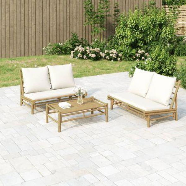 2 Piece Garden Lounge Set With Cream White Cushions Bamboo