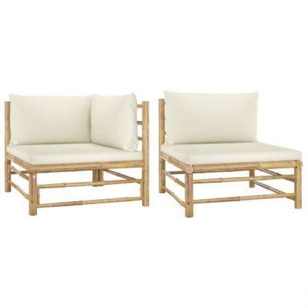 2 Piece Garden Lounge Set With Cream White Cushions Bamboo