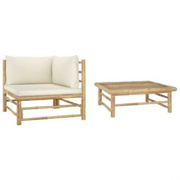 2 Piece Garden Lounge Set With Cream White Cushions Bamboo