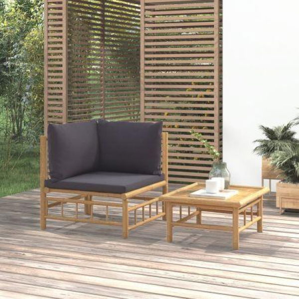 2 Piece Garden Lounge Set With Dark Grey Cushions Bamboo