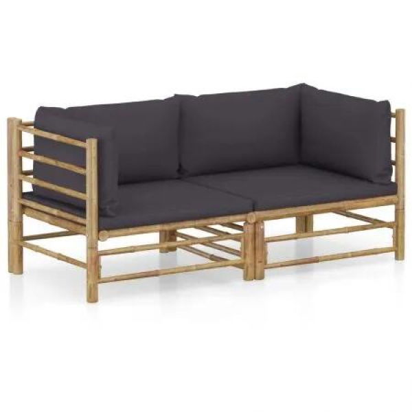 2 Piece Garden Lounge Set with Dark Grey Cushions Bamboo