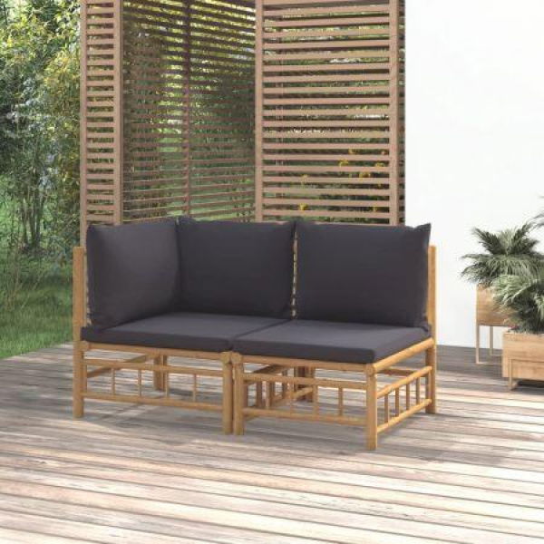 2 Piece Garden Lounge Set With Dark Grey Cushions Bamboo