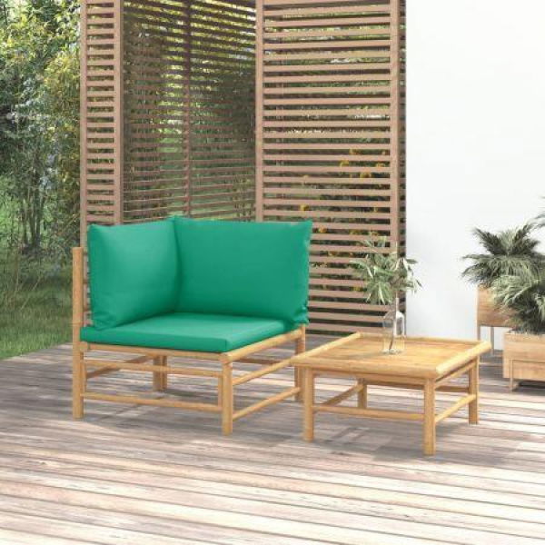 2 Piece Garden Lounge Set With Green Cushions Bamboo