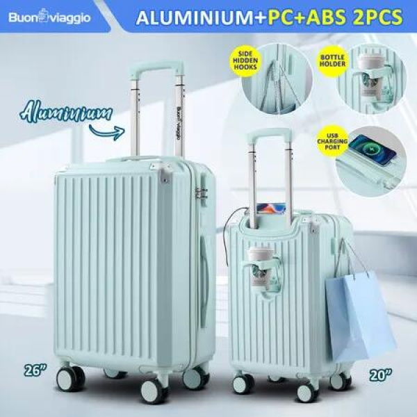 2 Piece Luggage Set Carry On Suitcases Travel Cabin Bags Lightweight Hard Shell Case Rolling Trolley USB Charging Port Cup Holder Mint Green