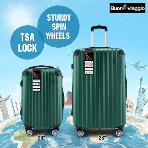 2 Piece Luggage Set Carry On Travel Suitcases Cabin Hard Shell Case Bags Lightweight Rolling Trolley With Wheels TSA Lock Green