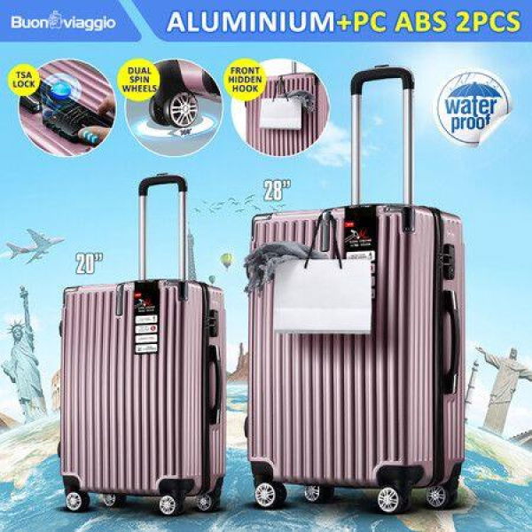 2 Piece Luggage Suitcase Set Carry On Spinner Case Traveller Bag Storage Cabin Lightweight Hard Shell Trolley Wheels TSA Lock Rose Gold