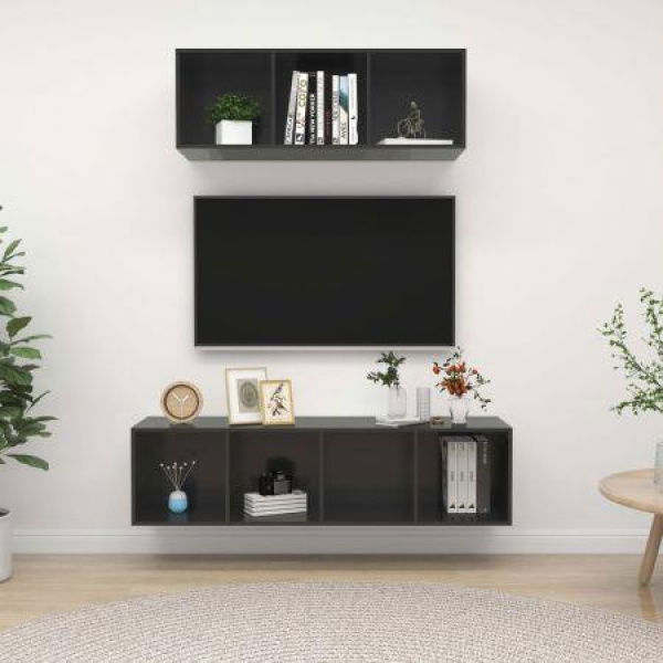 2 Piece TV Cabinet Set High Gloss Grey Chipboard