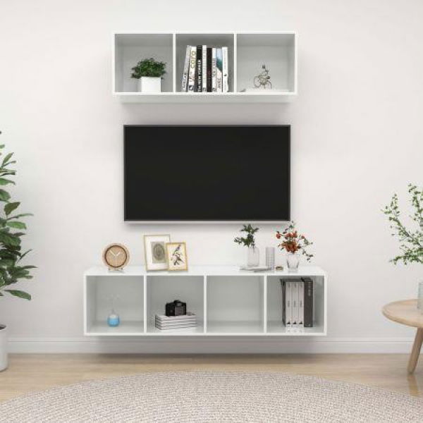 2 Piece TV Cabinet Set High Gloss White Chipboard