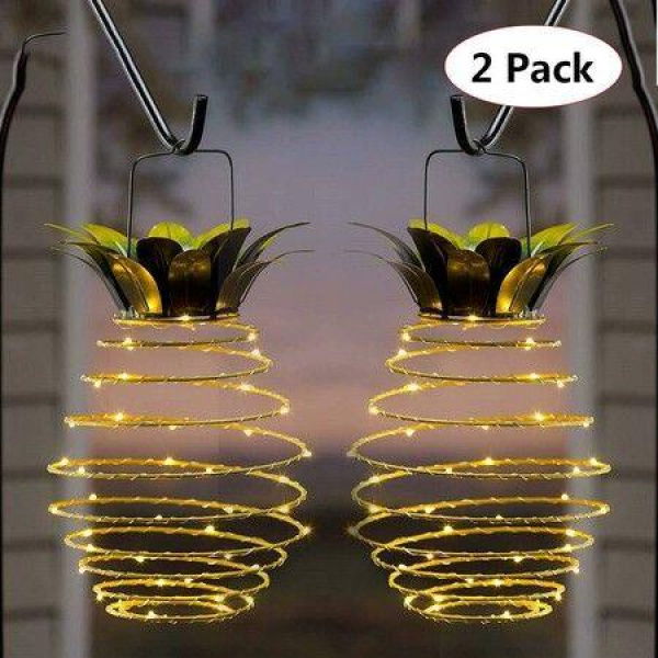 2 Pieces Outdoor Solar Pineapple Lights With 24 Metal Glowing LED Hanging Lights For Garden Aisle Patio Party Decoration (Warm White)